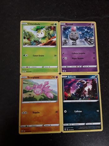 Chlorobule + Spoink + Scorplane + Solochi lot de 4cartes Pokémon neuves