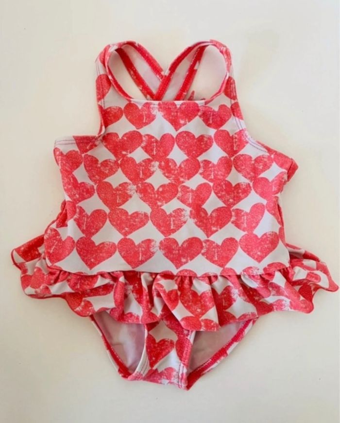 🌷 Maillot de bain 2 ans 24 mois à volant une pièce coeur rose et blanc dos croisé