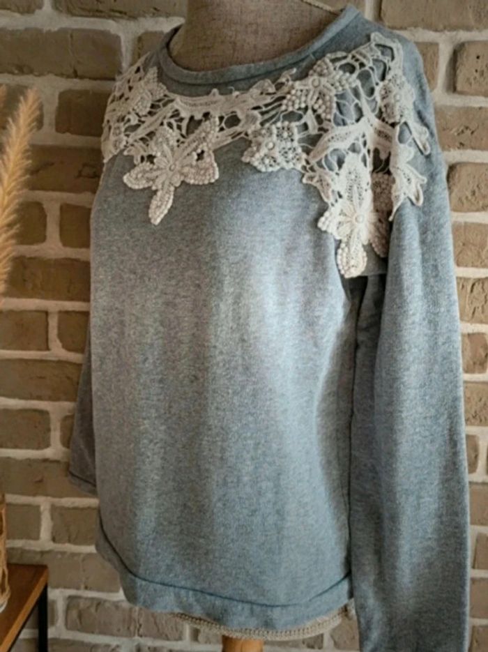 Sweat gris à dentelle blanche La Redoute S 36 - photo numéro 7