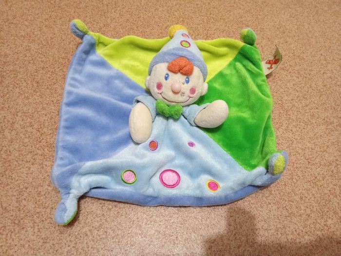 Doudou lutin mot d'enfants, Leclerc ,vert, bleu, motif, bébé garçon