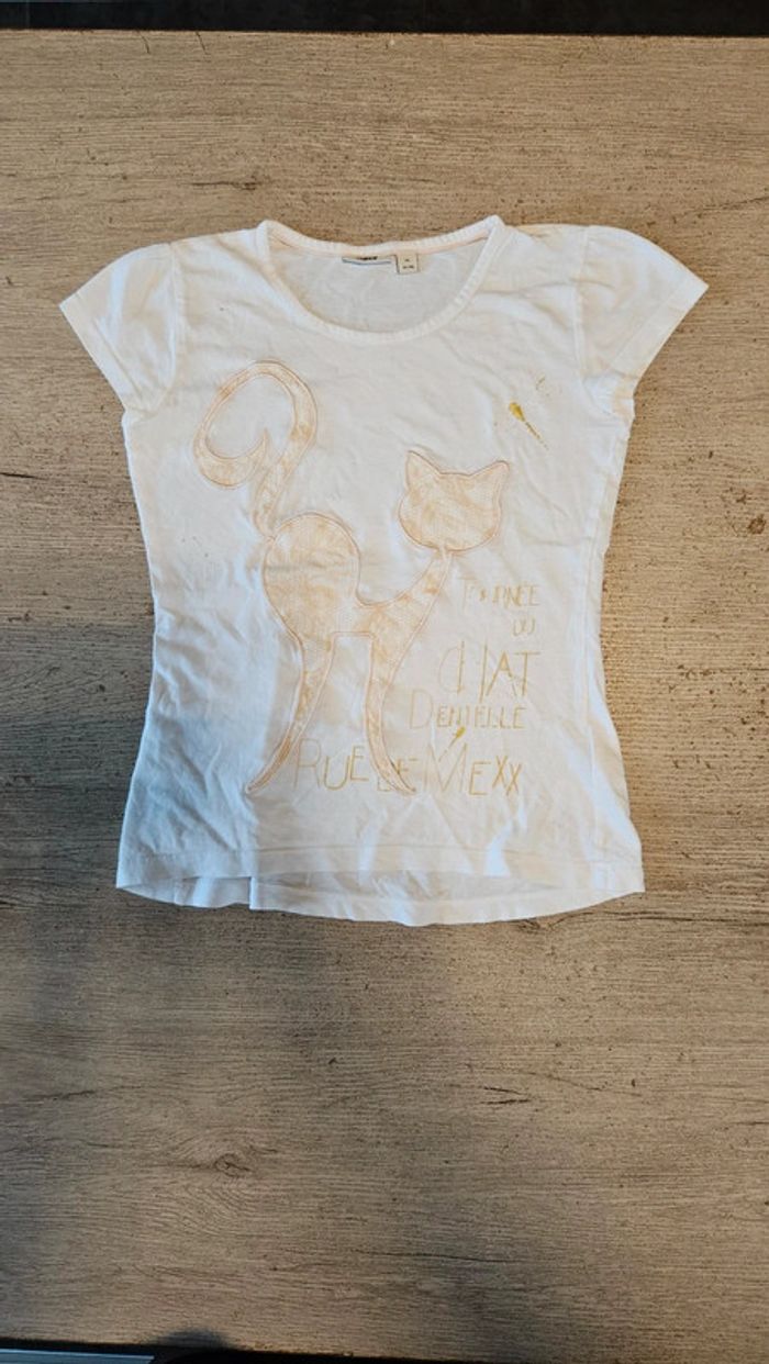 T shirt blanc à manches courtes avec chat, Mexx,9/10 ans - photo numéro 2