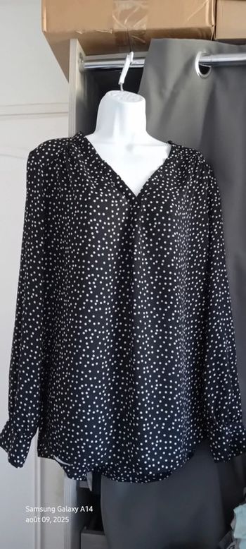 Blouse longue fluide col V manches longues à pois noir et blanc femme XL