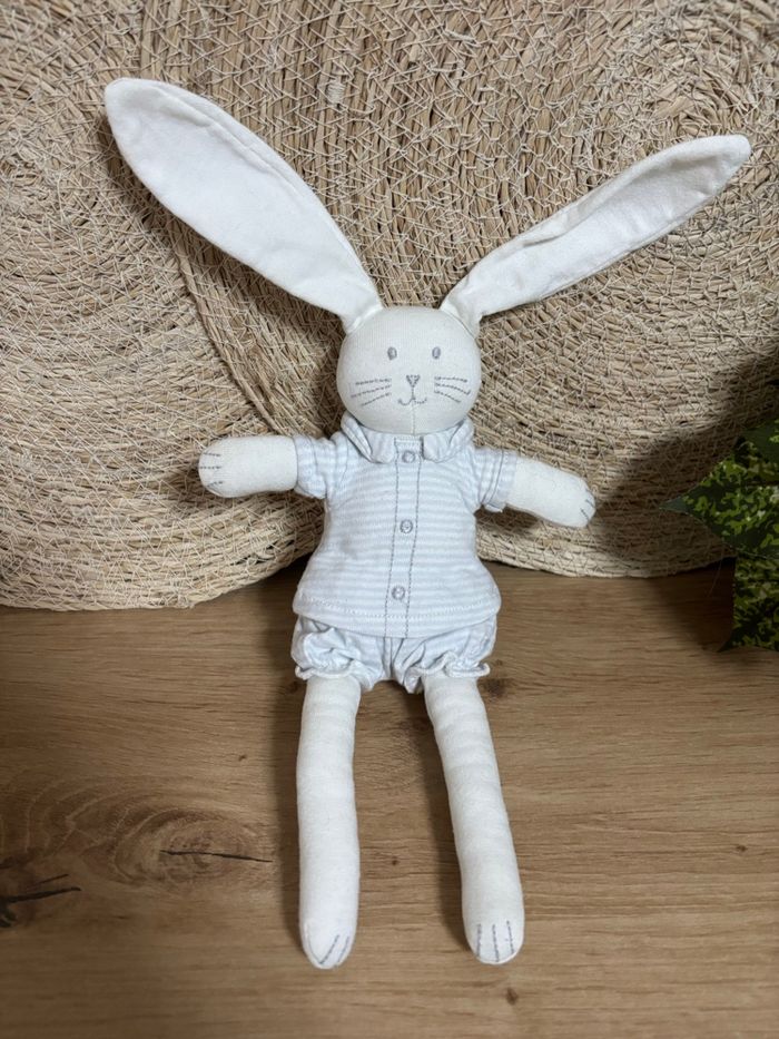Doudou lapin blanc rayé gris ensemble short petit bateau - photo numéro 4