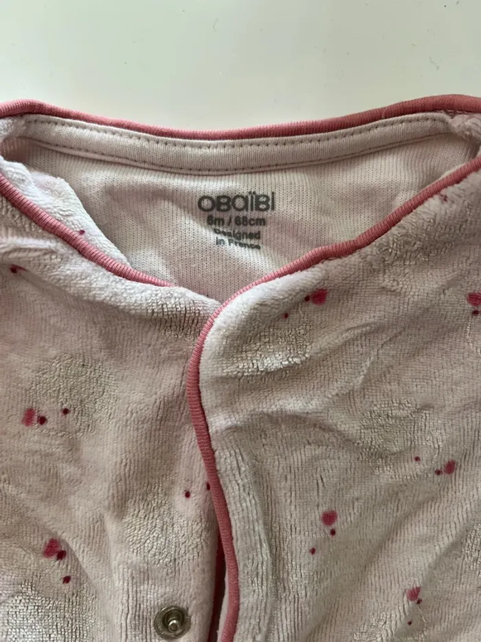 Pyjama velours Obaïbi – 6 mois (rose clair, porté 1 fois) - photo numéro 2