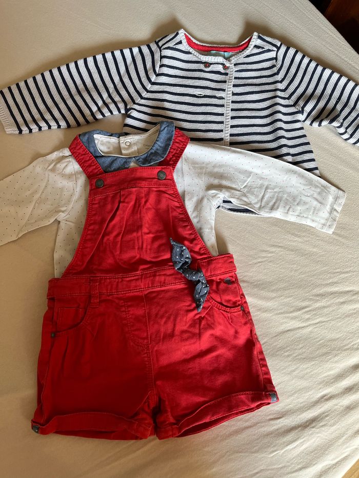 Ensemble fille 12 mois okaidi obaibi salopette courte, gilet esprit marin - photo numéro 2