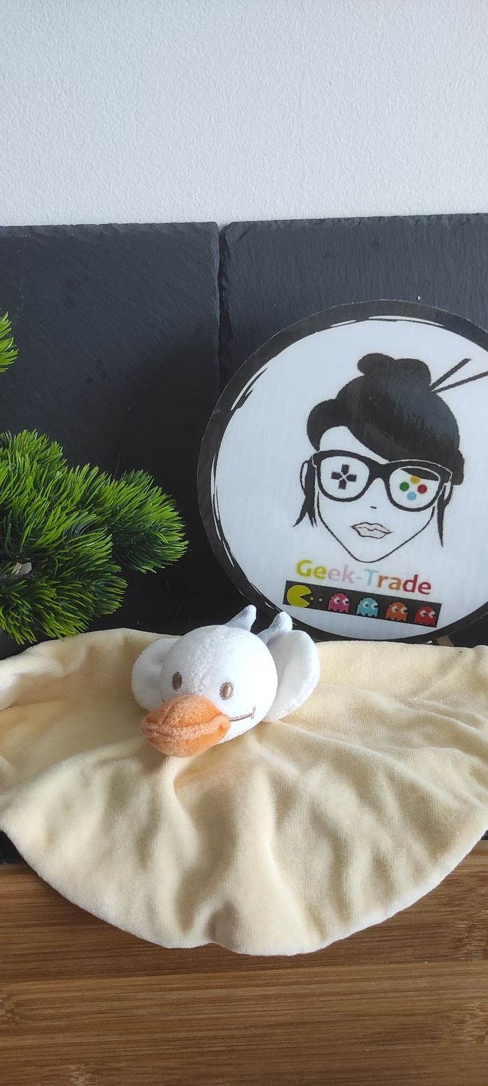 Doudou plat rond oie canard jaune bengy blanc écharpe bleu orange Ancien Marron