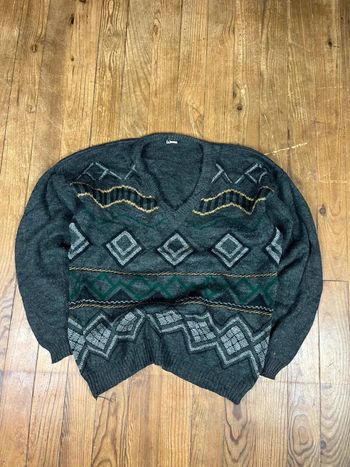 Pull maille vintage col V motifs gris multicolore L