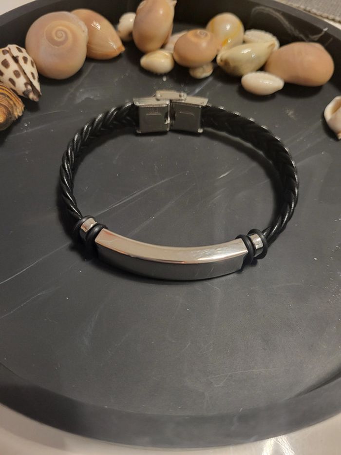 Bracelet homme 21 cm tressé cuir noir et acier inoxydable neuf