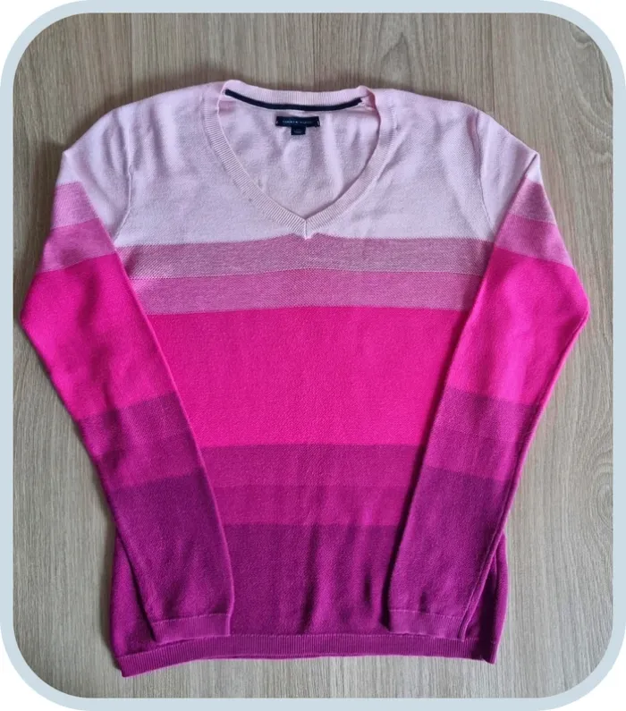 Pull leger over coll V Tommy Hilfiger Femme à rayures rose Taille s - photo numéro 2