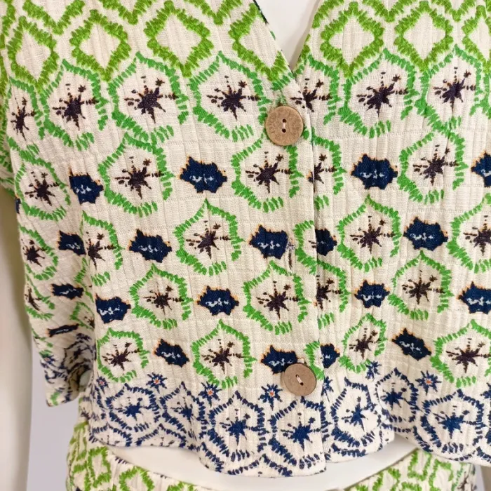 Ensemble ZARA coton imprimé ethnique vert bleu M haut boutonné + short taille cordon A567 - photo numéro 8