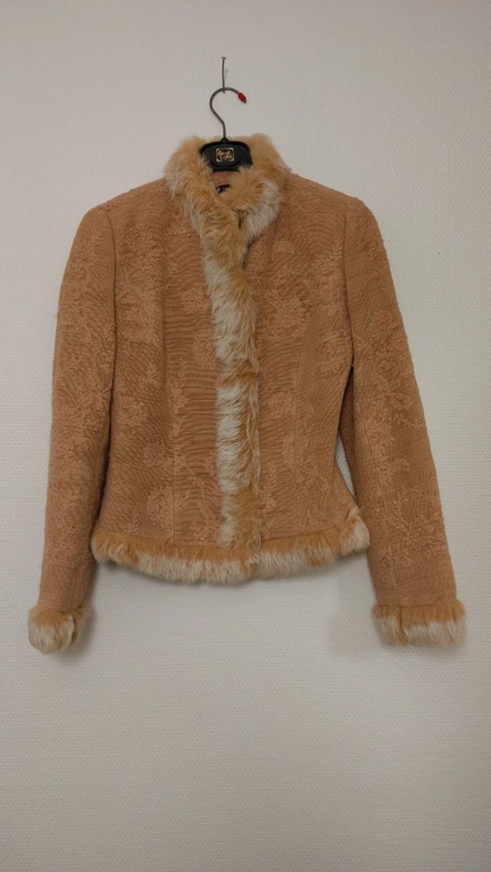 Veste chic avec fourrure sur le col haut les manches et le devant