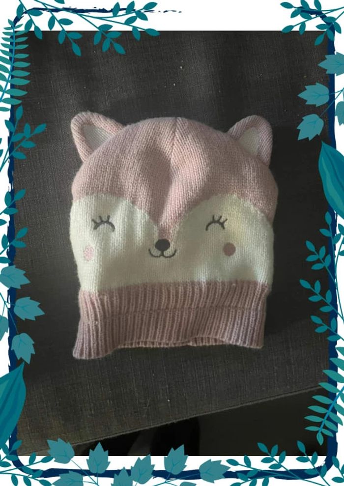 Bonnet renard rose et blanc 18/24 mois