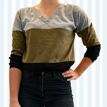 T-shirt col v manches 3/4 Rayé gris kaki et noir taille 38