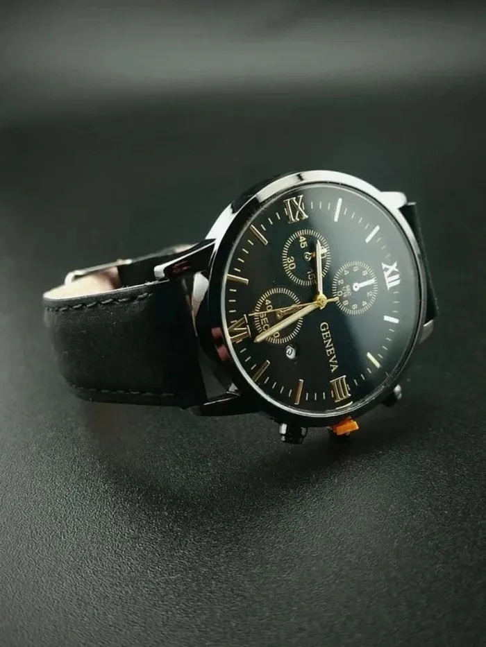 Montre noire intégrale, style vintage doré, men