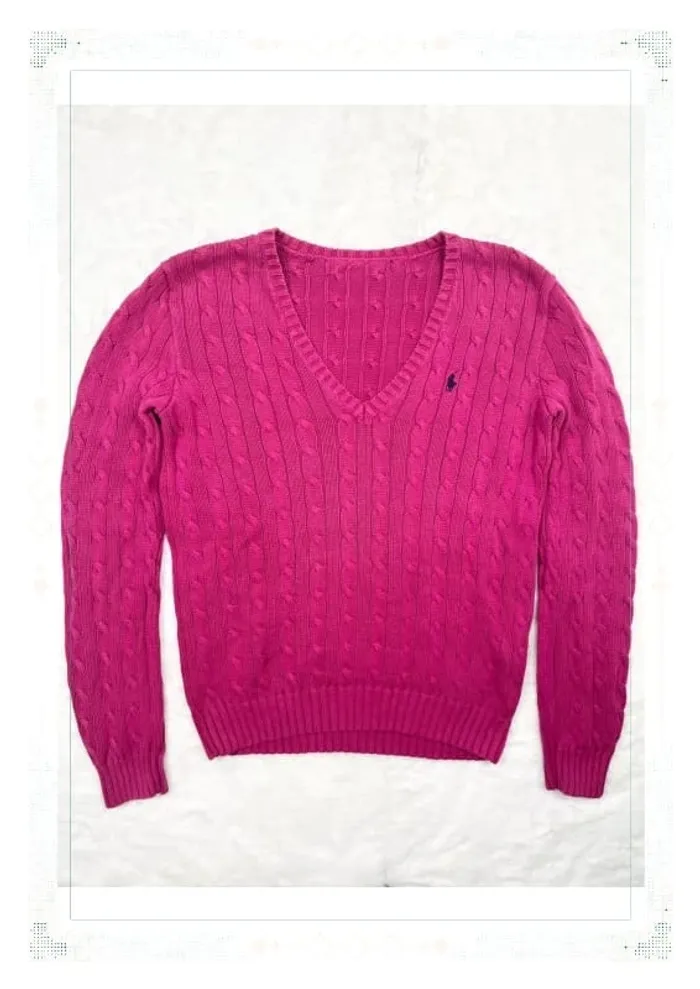 Ralph Lauren pull femme coton torsadé rose col V taille M - photo numéro 2