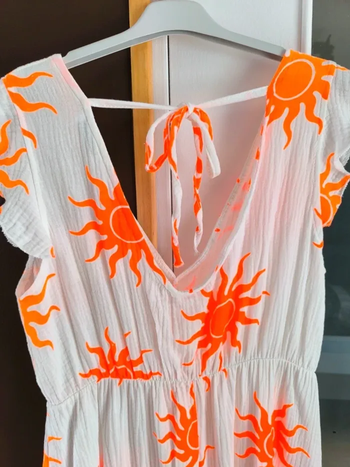 Robe longue été blanche et orange gaz de coton imprimé soleil TU 36 à 42 - photo numéro 10