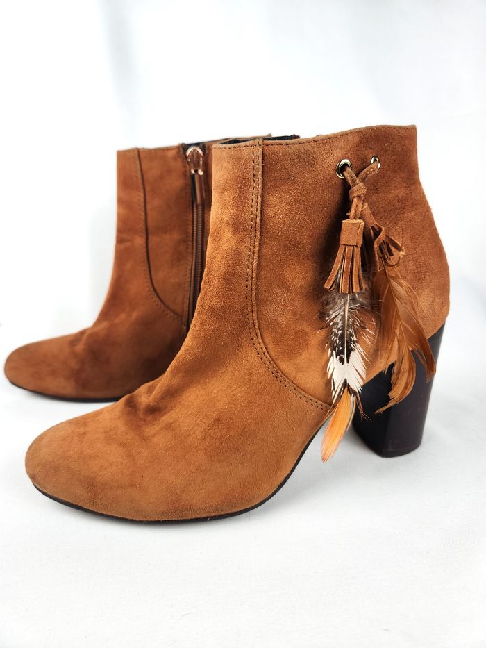 Bottines Bocage Femme Daim Marron Franges Plumes Taille 36 Talon Fermeture Éclair - photo numéro 6