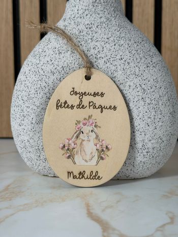 Pendentif Personnalisé en bois pour Panier de Pâques - Lapin de Pâques - Etiquette Panier pour Enfan