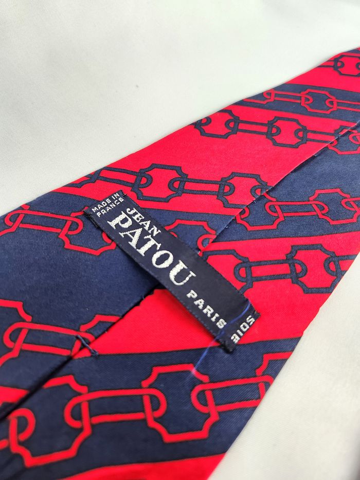 Cravate Jean Patou Soie Homme Rouge Marine Chaîne Maillons Motif Luxe Vintage - photo numéro 5