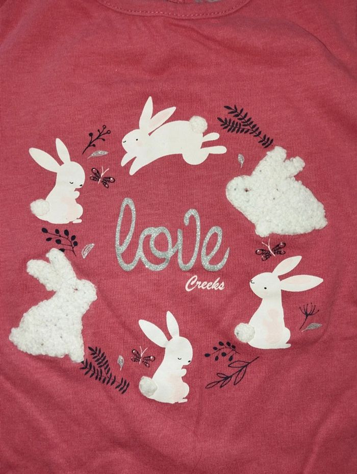 T-shirt mignon Creeks rose lapin manches longues fille 24 mois - photo numéro 2