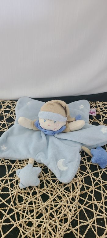 Doudou plat étoile lutin bleu beige lune étoile POMMETTE