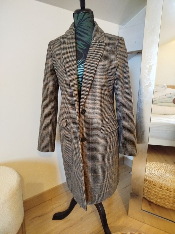 Manteau long carreaux beige noir S