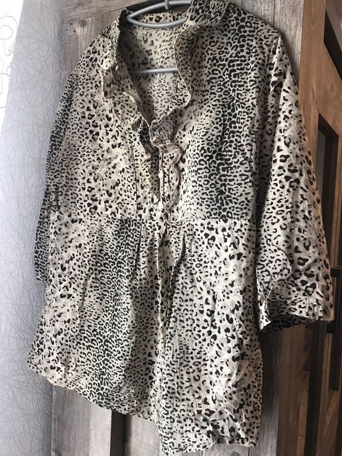 Chemisier blouse manches 3/4 motif léopard noir XL 42