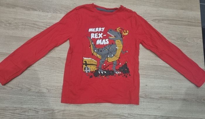 Kiabi T-Shirt Manches Longues 8 Ans - Noël Dinosaure "Merry Rex-Mas" Tres Bonne Etat