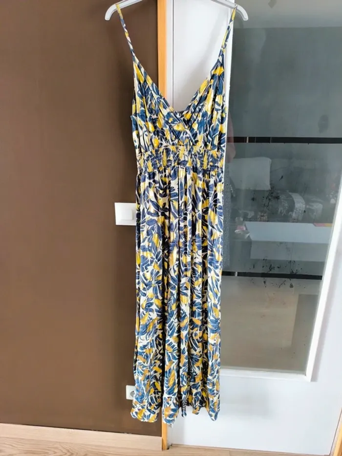 Robe longue imprimée tropicale bleue marine et beige femme 40/42 - photo numéro 10