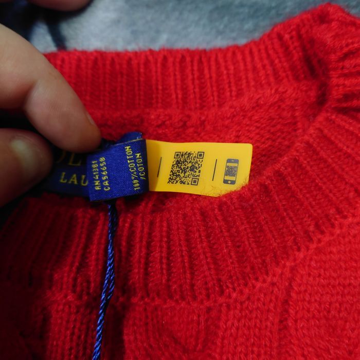 Pull Ralph Lauren rouge col rond torsadé logo brodé noir taille M - photo numéro 4