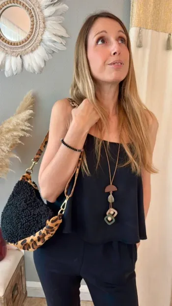 Sac demie lune noir bouclette et imprimé cuir léopard