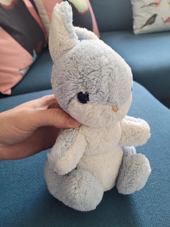RARE Lapin assis bleu blanc Boulgom yeux bleu Made in France collection peluche doudou 26cm - photo numéro 3