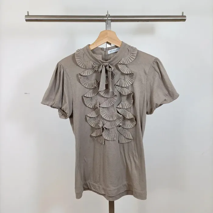 T-shirt taupe col plissé nœud froufrous Zara Collection – taille L A1006