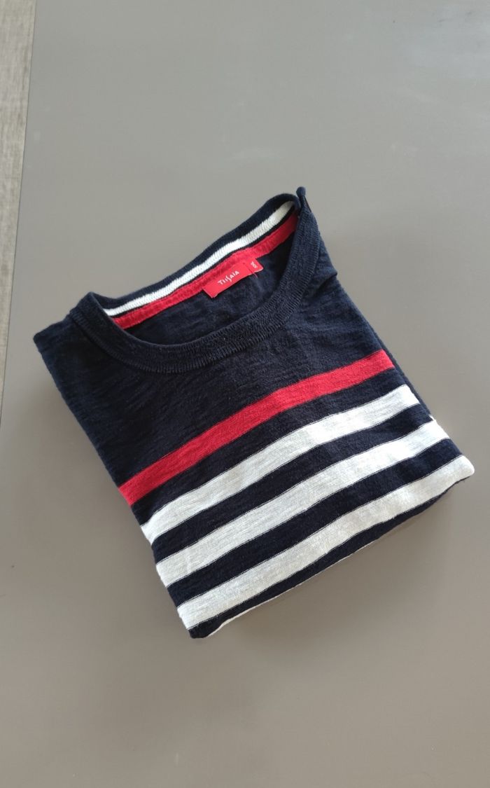 Pull homme XXL Tissaia bleu marine blanc rouge – 100 % coton – très bon état - photo numéro 3