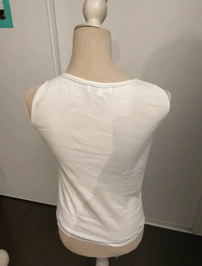 Débardeur Blanc Elite Models Fashion (Taille M) - Col V & Détails Couture Bleue - photo numéro 2
