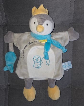 Doudou marionnette pingouin gris et blanc - Poisson- Baby Nat