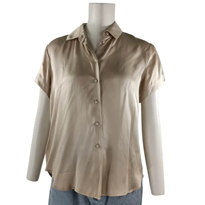 Chemise beige en 100 % soie Jones New York, manches courtes, fluide et légère, taille 36 A1203