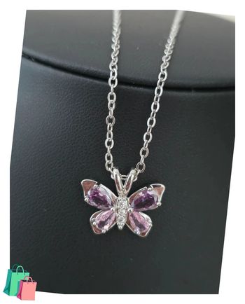 Collier maille jaseron pendentif papillon rose avec pierre d'ornement acier inoxydable