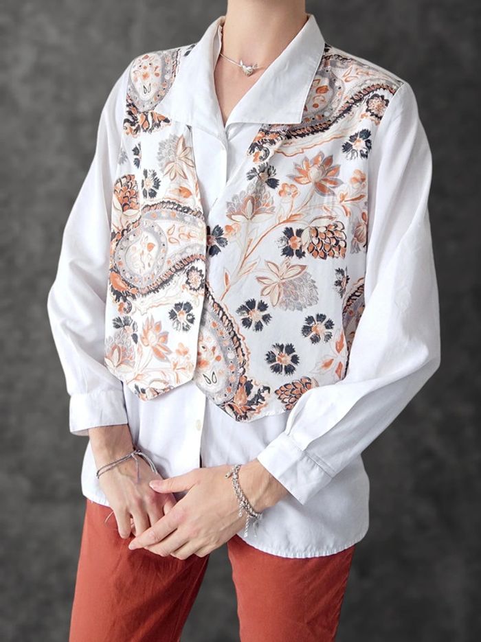 Chemise blanc veston gris orange fleur Paisley 2 en 1 Vintage / C&A New Fast - 38/M à 40L - photo numéro 7