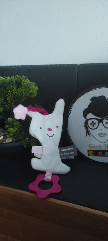 Doudou d'activités lapin plat blanc anneau de dentition rose fleur orchestra premaman