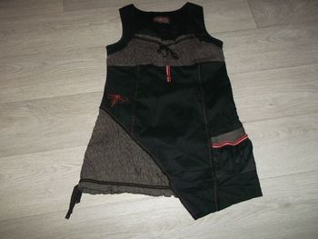 Tunique LA MODE EST A VOUS noire et marron décos orange fluo et rouge asymétrique 44 TBE