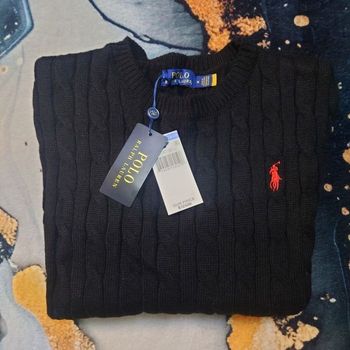 Pull torsadé col rond Polo Ralph Lauren noir logo brodé rouge taille M