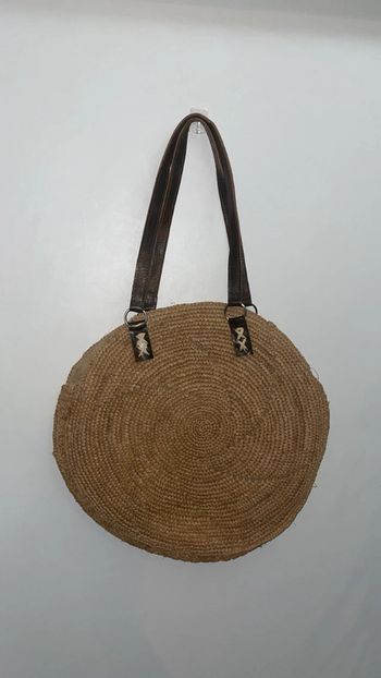 Sac Rond Neuf en Paille Tressée avec Anses en Cuir Véritable