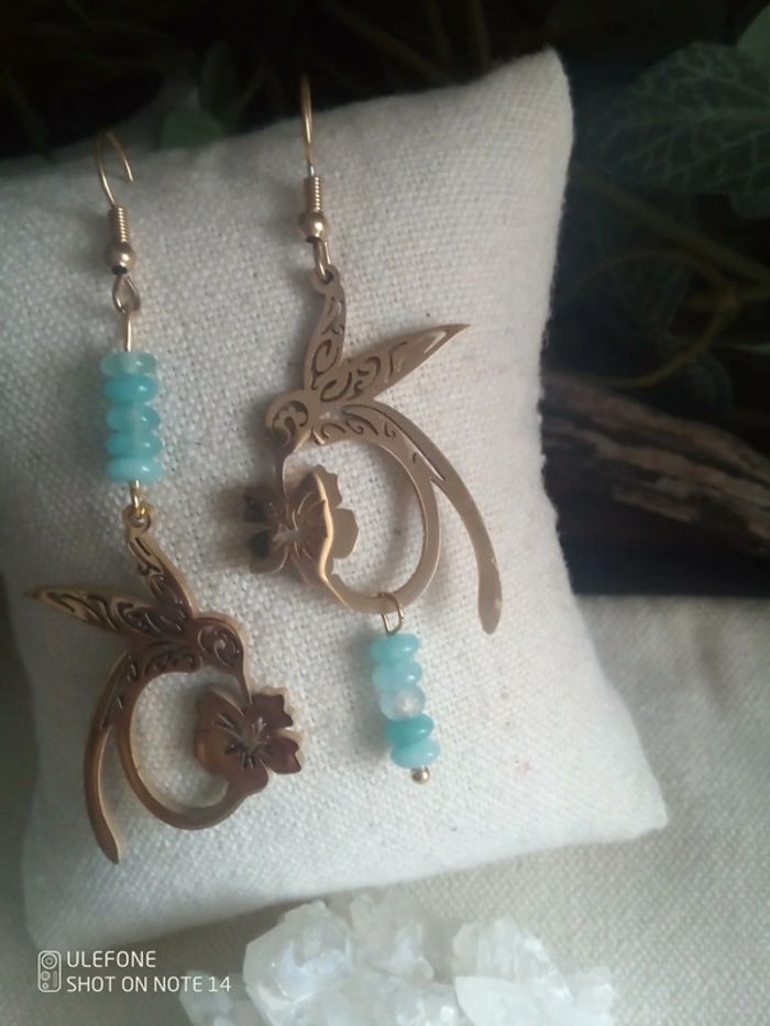 Boucles d'oreilles bohèmes colibris pierres d'amazonite - photo numéro 3