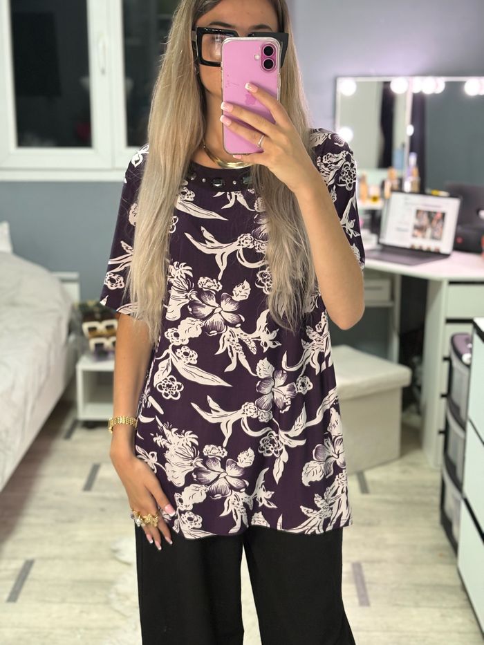 👚 Haut long à fleurs violet foncé – Alex line Fashion – Taille XL