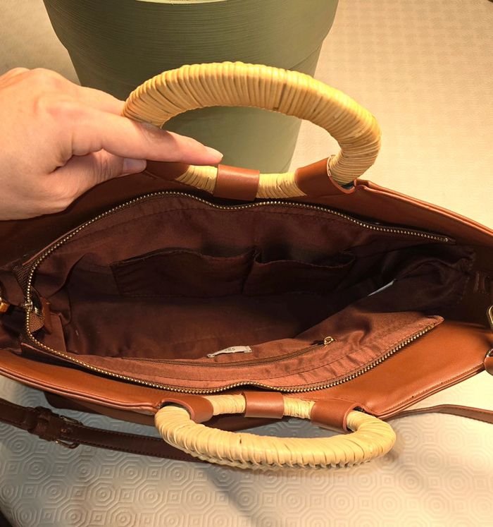 Sac à main marron camel poignées en osier style vintage pop - photo numéro 3