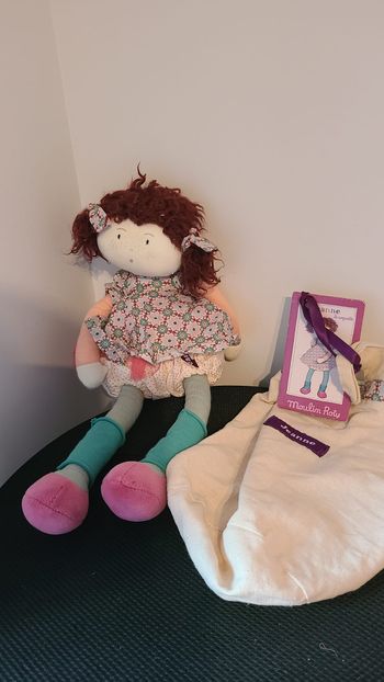 Doudou Peluche Poupée rose vert orange pois JEANNE Les Coquettes MOULIN ROTY