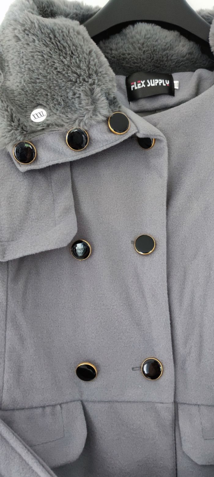 Manteau femme gris 3XL neuf col laine avec ceinture hiver - photo numéro 4