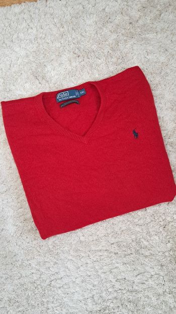 Pull leger col V Ralph Lauren rouge logo noir XXL