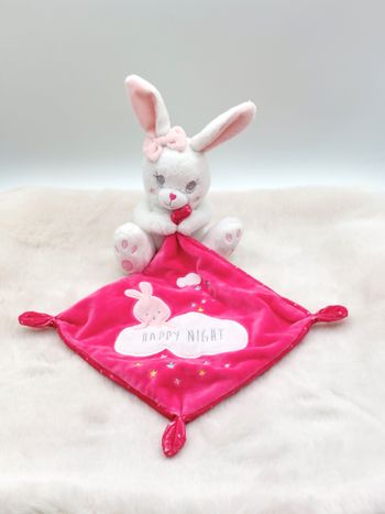 Doudou peluche lapin blanc SIMBA TOYS mouchoir rose fuchsia Happy night nuages
